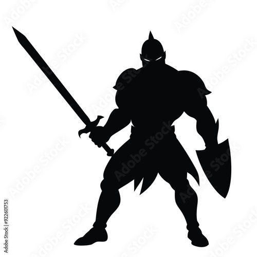 a body builder medieval knight with sword, stand with warior pose vector silhouette 
