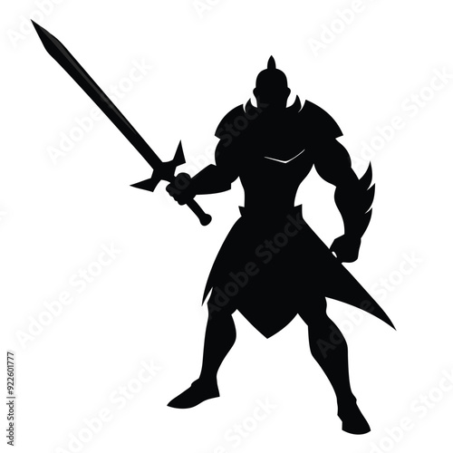 a body builder medieval knight with sword, stand with warior pose vector silhouette 