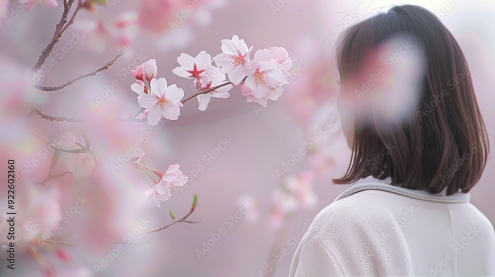 Naklejka premium Young Woman Enjoying Cherry Blossom Blossoms in Springtime Park