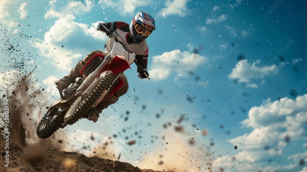 Dynamic Motocross Rider High Jump on Rugged Track Under Blue Sky - Perfect Action Shot Dynamic Motocross Rider High Jump on Rugged Track Under Blue Sky - Perfect Action Shot