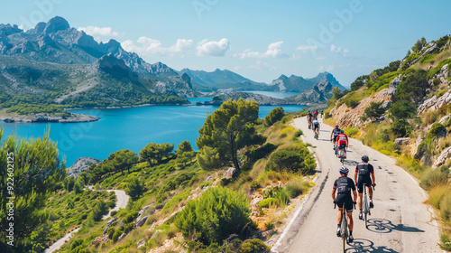 Group of cyclists on the beautiful road.  photo