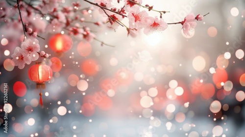 Spring Blossoms and Lanterns During Festival Celebration at Dusk