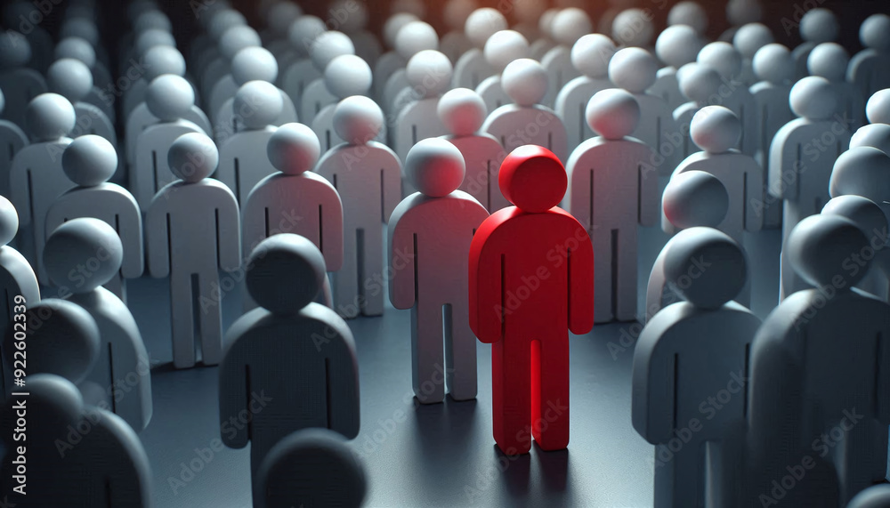 Unique concept. One different red figure in the crowd Unique concept. One different red figure in the crowd