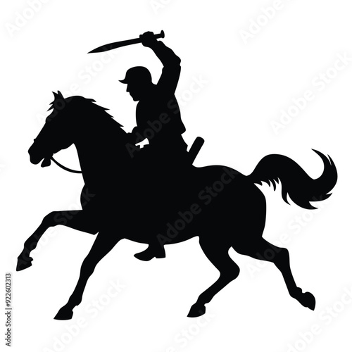 a cavalry soldier ride on horseback swinging blade weapon vector silhouette 