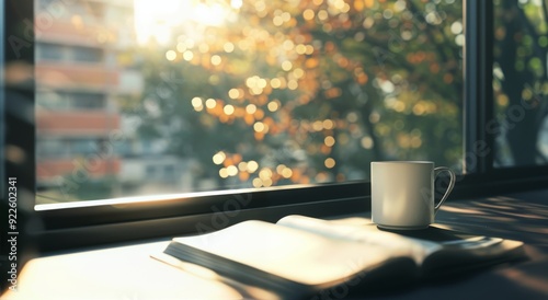 Morning Light Illuminates Open Book and Coffee Mug by the Window