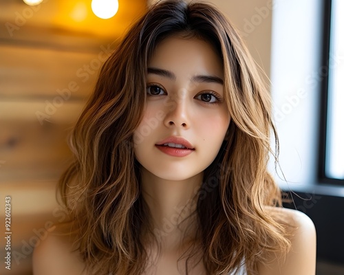 Portrait of a beautiful young woman with long brown hair.