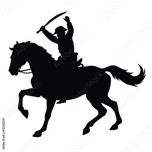 a cavalry soldier ride on horseback swinging blade weapon vector silhouette 