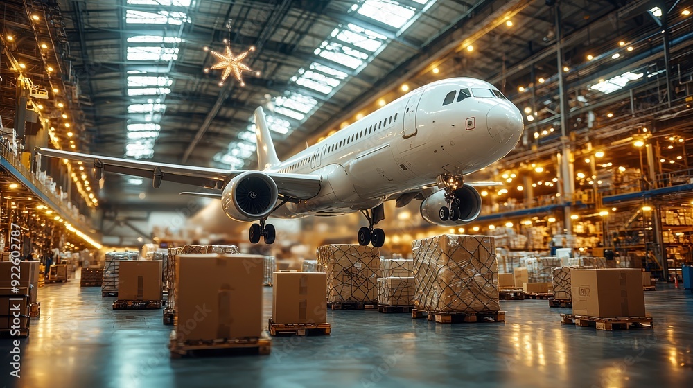 A cargo plane ready for loading in a busy warehouse filled with stacked boxes and bright overhead lights. A cargo plane ready for loading in a busy warehouse filled with stacked boxes and bright overhead lights.