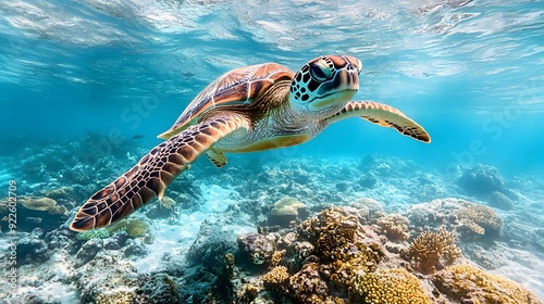 Green Sea Turtle Swimming in Coral Reef.