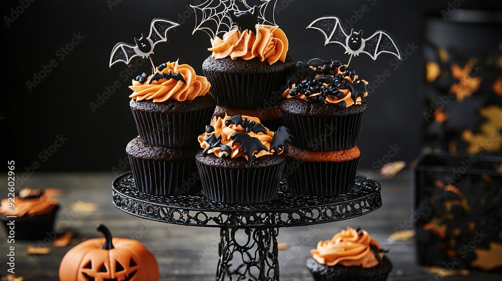 A set of Halloween-themed cupcakes with intricate designs, including spider webs, pumpkins, and bats, displayed on a festive cupcake stand A set of Halloween-themed cupcakes with intricate designs, including spider webs, pumpkins, and bats, displayed on a festive cupcake stand