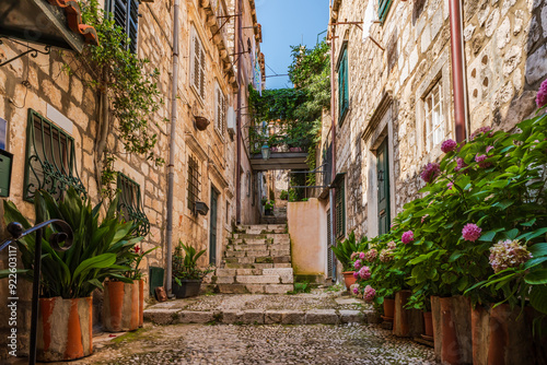 View down a narrow alley in Dubrovnik, Croatia