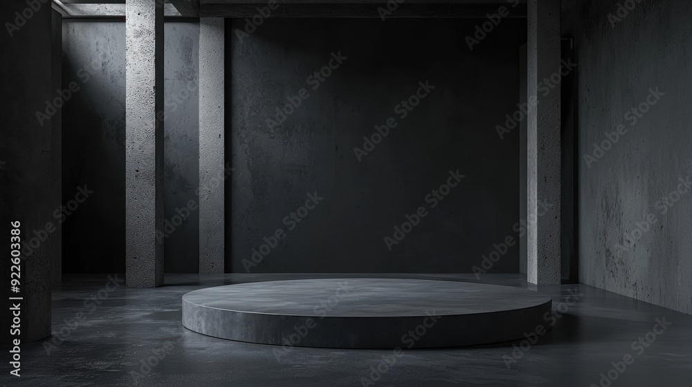 Minimalist exhibition space, stark concrete walls and pillars, a circular platform at the center, shadows create a dramatic atmosphere, ideal for art showcases or performances Minimalist exhibition space, stark concrete walls and pillars, a circular platform at the center, shadows create a dramatic atmosphere, ideal for art showcases or performances
