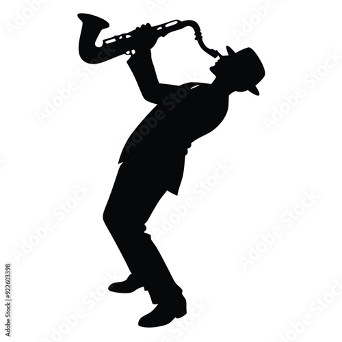 a musician playing saxophone music instrument. vector silhouette, black color silhouette 