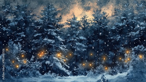 Enchanting Winter Forest Scene with Snowfall and Warm Lights