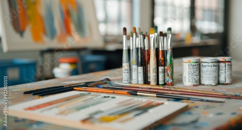 Colorful Art Supplies on a Table in a Studio With Paintings and Brushes