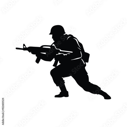 A soldier with a black assault rifle on a white background. isolated white background