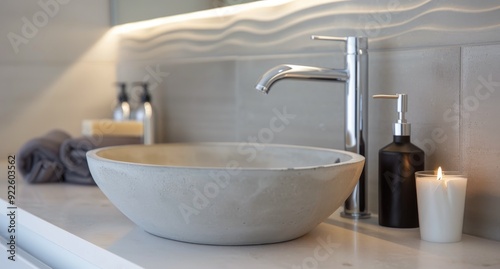 Modern Bathroom Featuring Stone Sink and Minimalist Decor in Natural Light