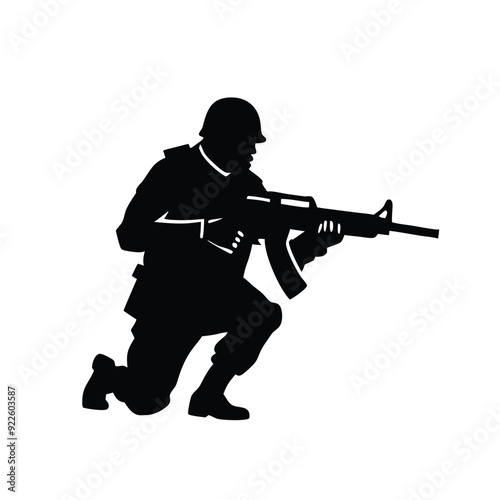 A soldier with a black assault rifle on a white background. isolated white background