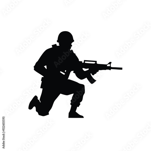 A soldier with a black assault rifle on a white background. isolated white background