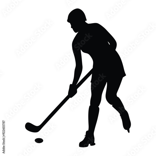 a woman hockey player vector silhouette, isolated white background 