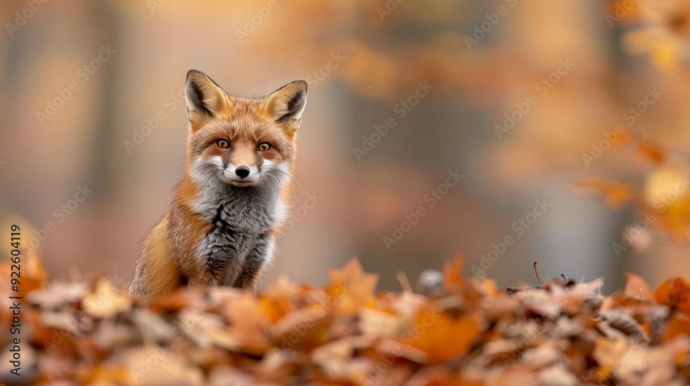 Obraz premium Red Fox Sitting Among Colorful Autumn Leaves in a Forest Setting