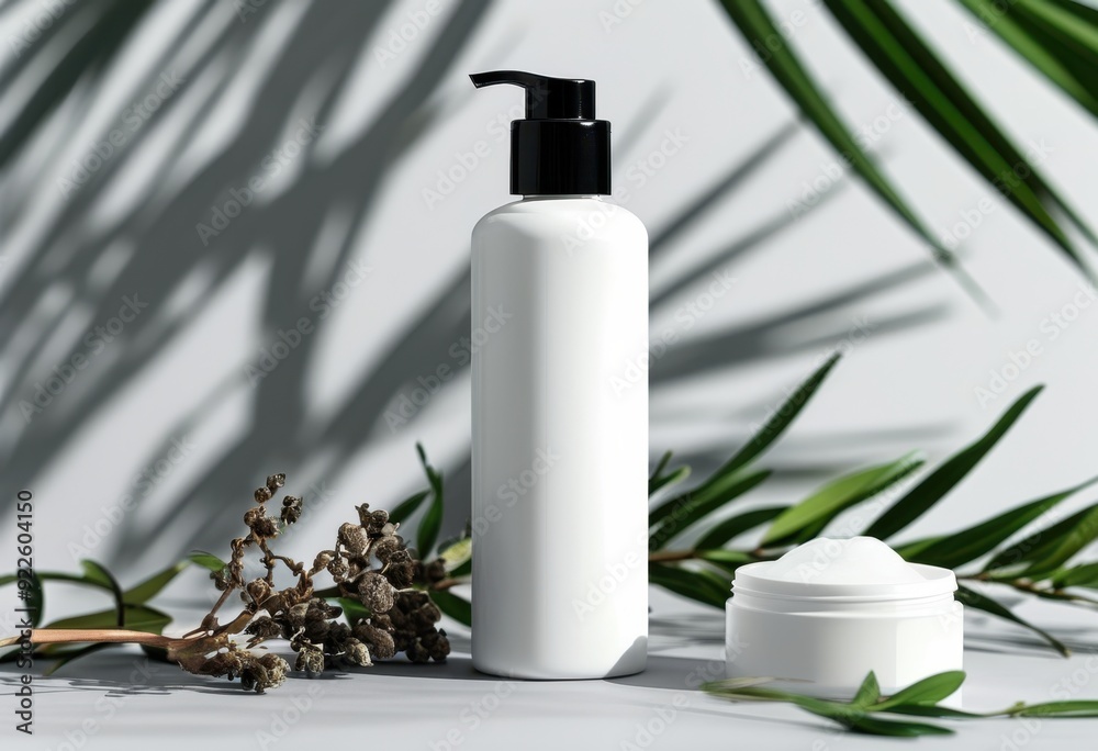 Minimalist skincare set with sleek white bottle and container, surrounded by green foliage and dried organic elements, emphasizing nature-inspired beauty. Minimalist skincare set with sleek white bottle and container, surrounded by green foliage and dried organic elements, emphasizing nature-inspired beauty.