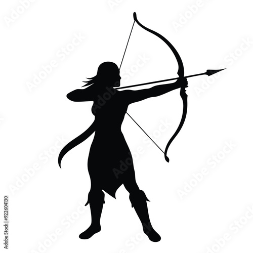 female warrior archer aiming at her target from a distance vector silhouette 