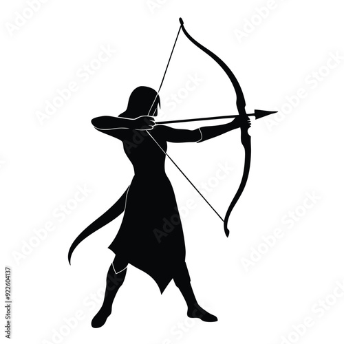 female warrior archer aiming at her target from a distance vector silhouette 