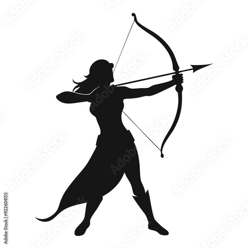 female warrior archer aiming at her target from a distance vector silhouette 