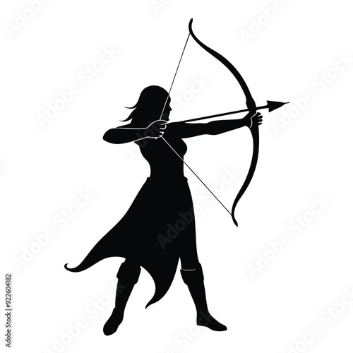 female warrior archer aiming at her target from a distance vector silhouette 