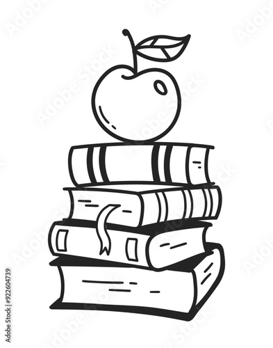 Line art vector illustration of apple on books education back to school symbol