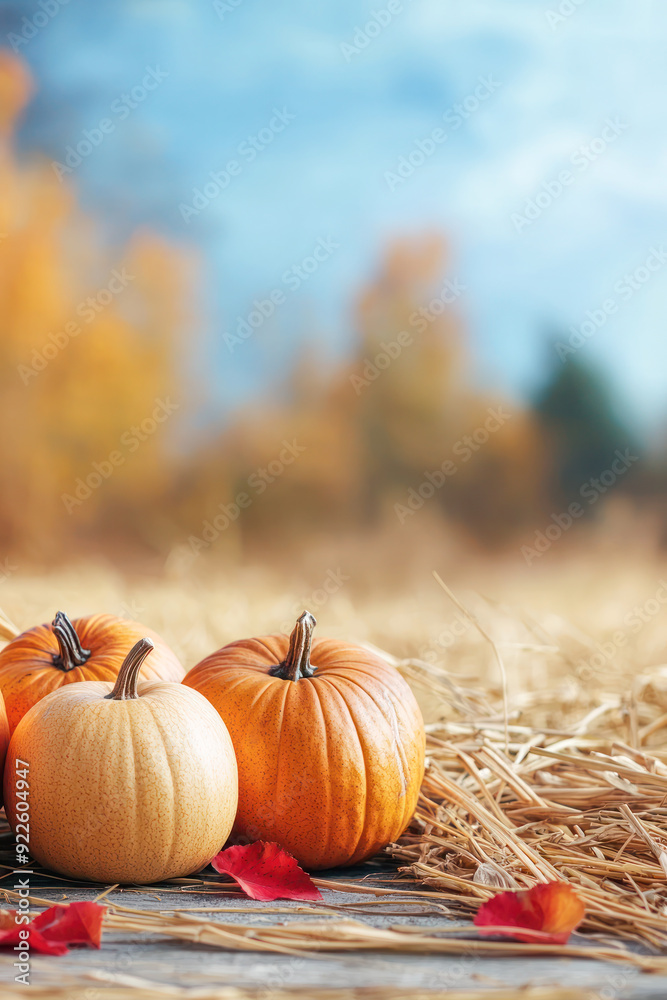Pumpkins arranged on hay with autumn leaves in a bright outdoor setting. Pumpkins arranged on hay with autumn leaves in a bright outdoor setting.