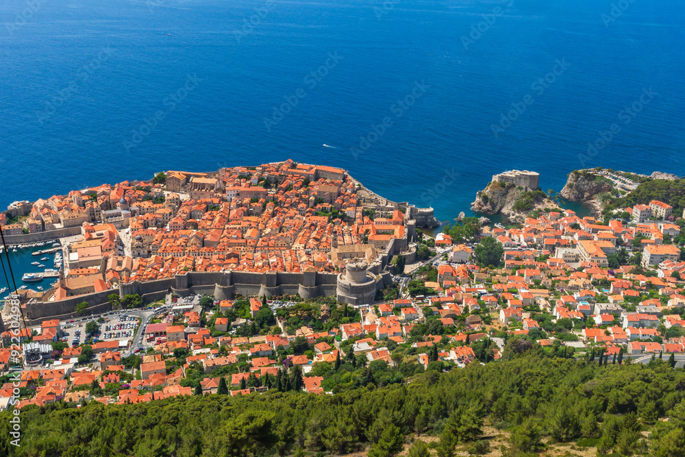 Naklejka premium Aerial view of Dubrovnik Old Town from Moutain Srd in Croatia