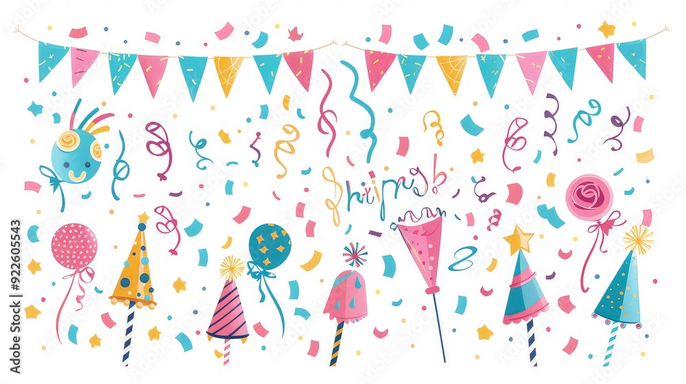 A party with festive confetti, balloons, hats, and streamers in pastel colors on a white background. A party with festive confetti, balloons, hats, and streamers in pastel colors on a white background.