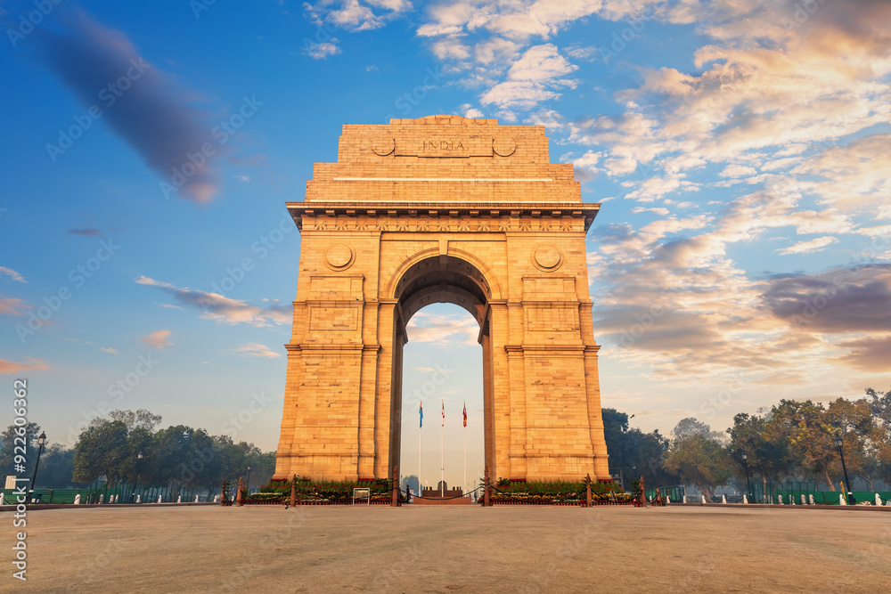 India Gate in sunset evening lights, Rajpath, New Delhi