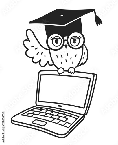 Line art vector illustration of cute owl character sitting on laptop wearing glasses and mortarboard