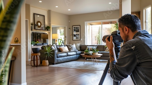 A photographer captures a modern living room with a large grey sofa, a coffee table, a rug, and plants.