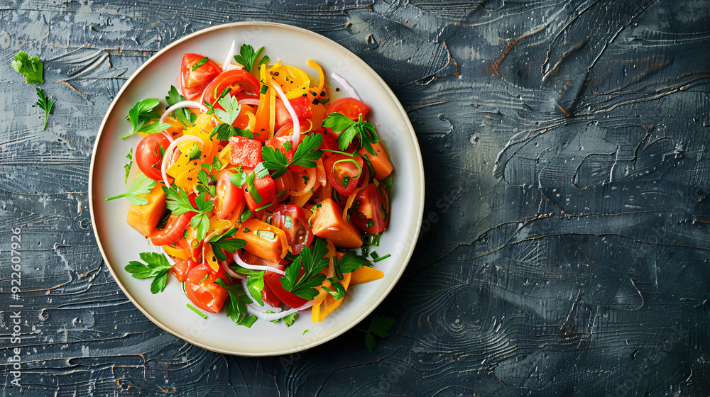 Fresh and light summer salad with papaya, tomatoes, red onion and herbs on dark background Fresh and light summer salad with papaya, tomatoes, red onion and herbs on dark background