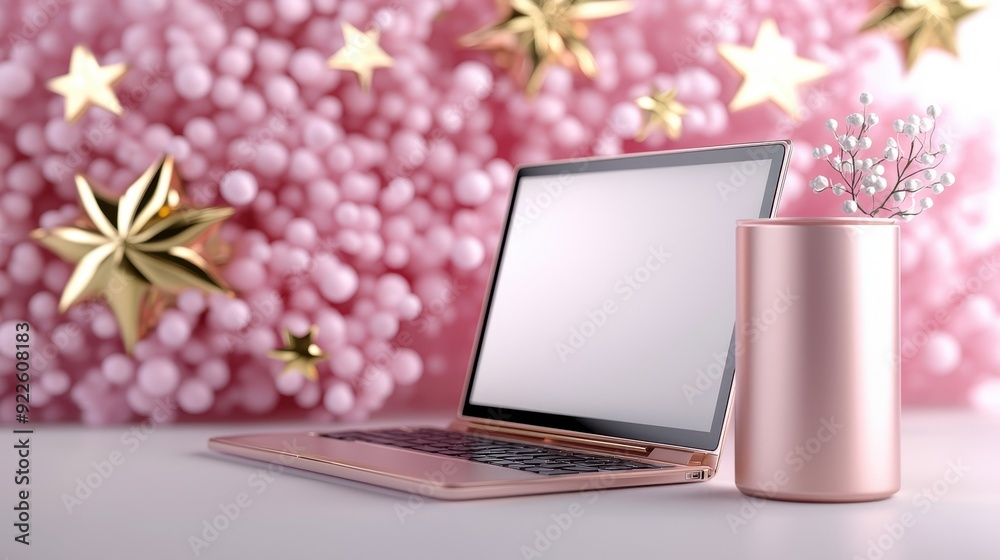 Stylish laptop with a pink backdrop and decorative vase, perfect for showcasing modern workspace aesthetics.