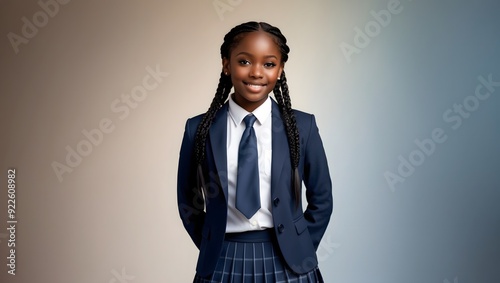 Confident teenage girl in navy school uniform with braided hair against a soft gradient background