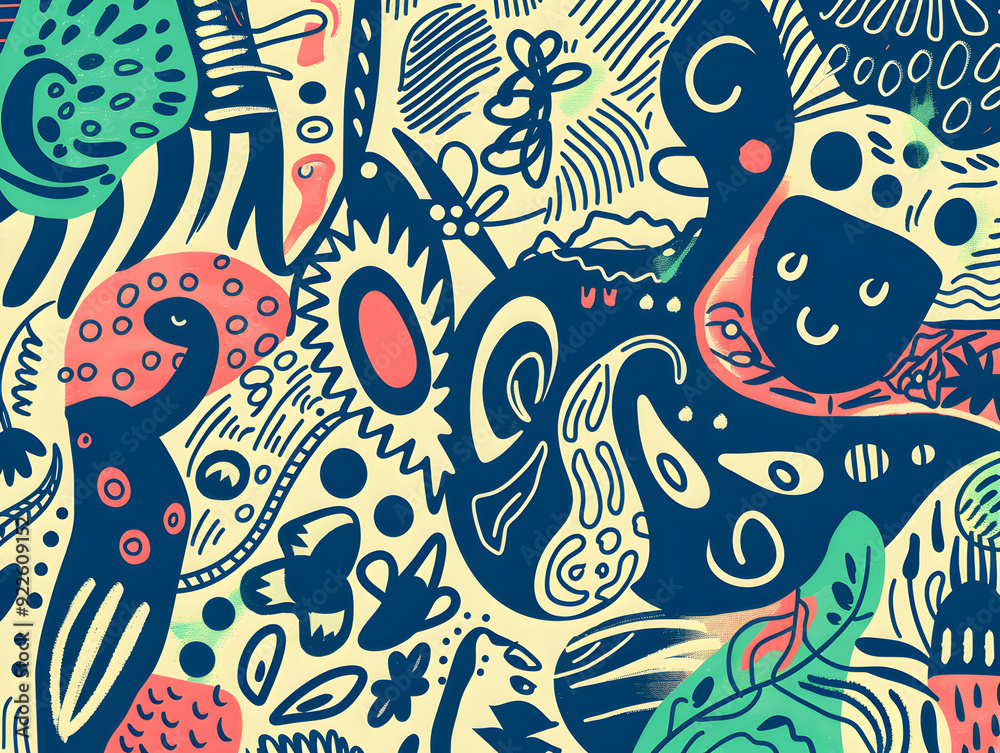 Whimsical Floral Doodle Pattern with Organic Swirls and Playful Botanical Elements in Pastel Hues Whimsical Floral Doodle Pattern with Organic Swirls and Playful Botanical Elements in Pastel Hues
