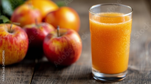 Freshly Squeezed Orange Juice With Apples on Rustic Wooden Table