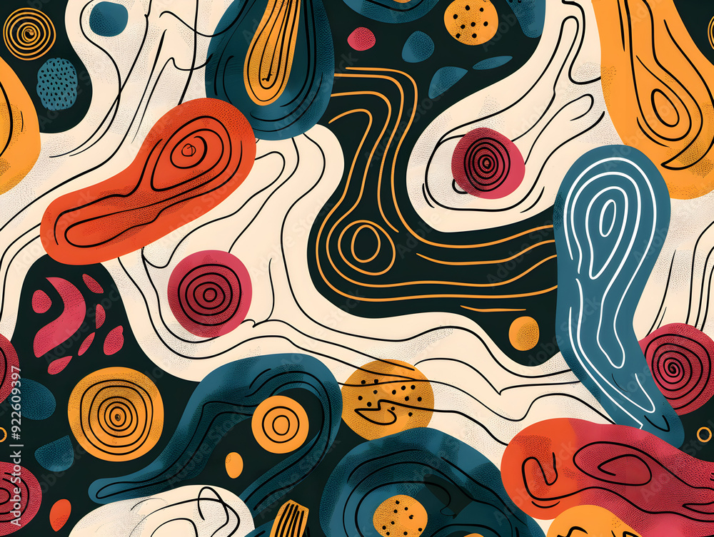 Naklejka premium Playful Abstract Pattern with Organic Shapes and Bold Colors in a Contemporary Design 