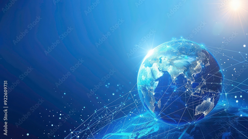 A stylized image of the Earth with a network of lines and dots connecting different points on the globe. The image is set against a bright blue sky with a sun shining in the top right corner.