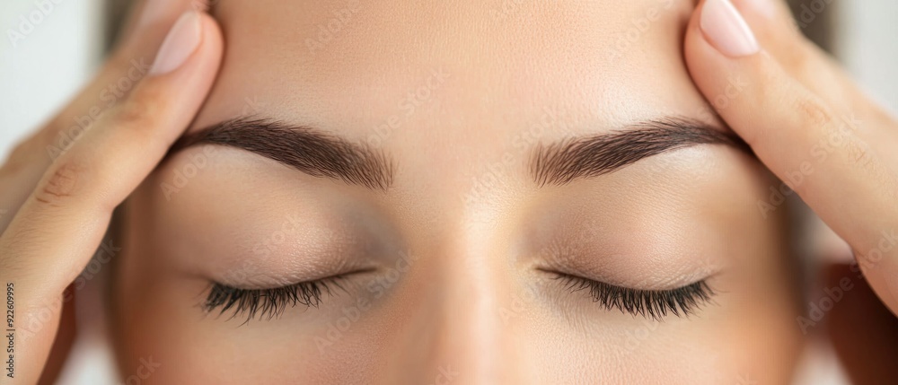 Close up of hands of expert beautician injecting botox in female forehead. The woman closed her eyes with joy. She is gently smiling Close up of hands of expert beautician injecting botox in female forehead. The woman closed her eyes with joy. She is gently smiling