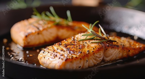Grilled Salmon Fillets Garnished With Fresh Herbs on a Black Plate