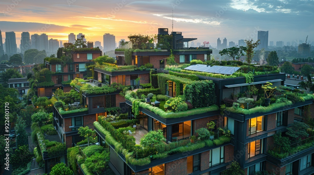 Obraz premium Urban Building with Green Rooftop Gardens at Sunset