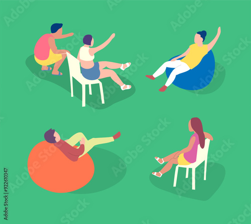 Cartoon Color Characters People Sitting on Lawn Concept Flat Design Style. Vector illustration of Outdoor Summer Leisure