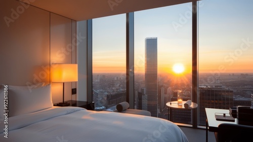 Modern Living Room With Sunset View Over City Skyline