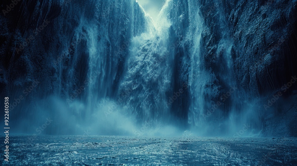 A dramatic waterfall plunges into a misty pool at the base of towering cliffs A dramatic waterfall plunges into a misty pool at the base of towering cliffs